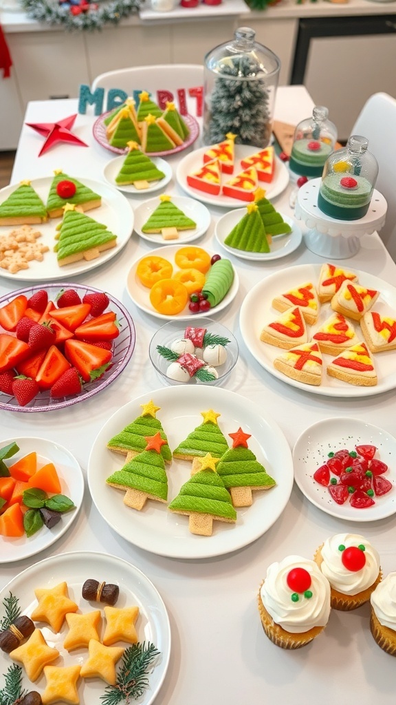 A colorful spread of Christmas party food for kids, featuring mini sandwiches, fruit skewers, sugar cookies, and cupcakes on a festive table.